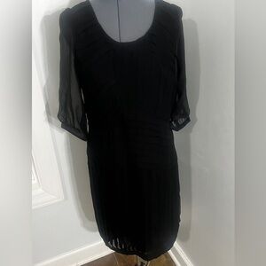 Vintage Eci New York Sz 8 Black Pleated Silk Cocktail Midi Dress sheer sleeves